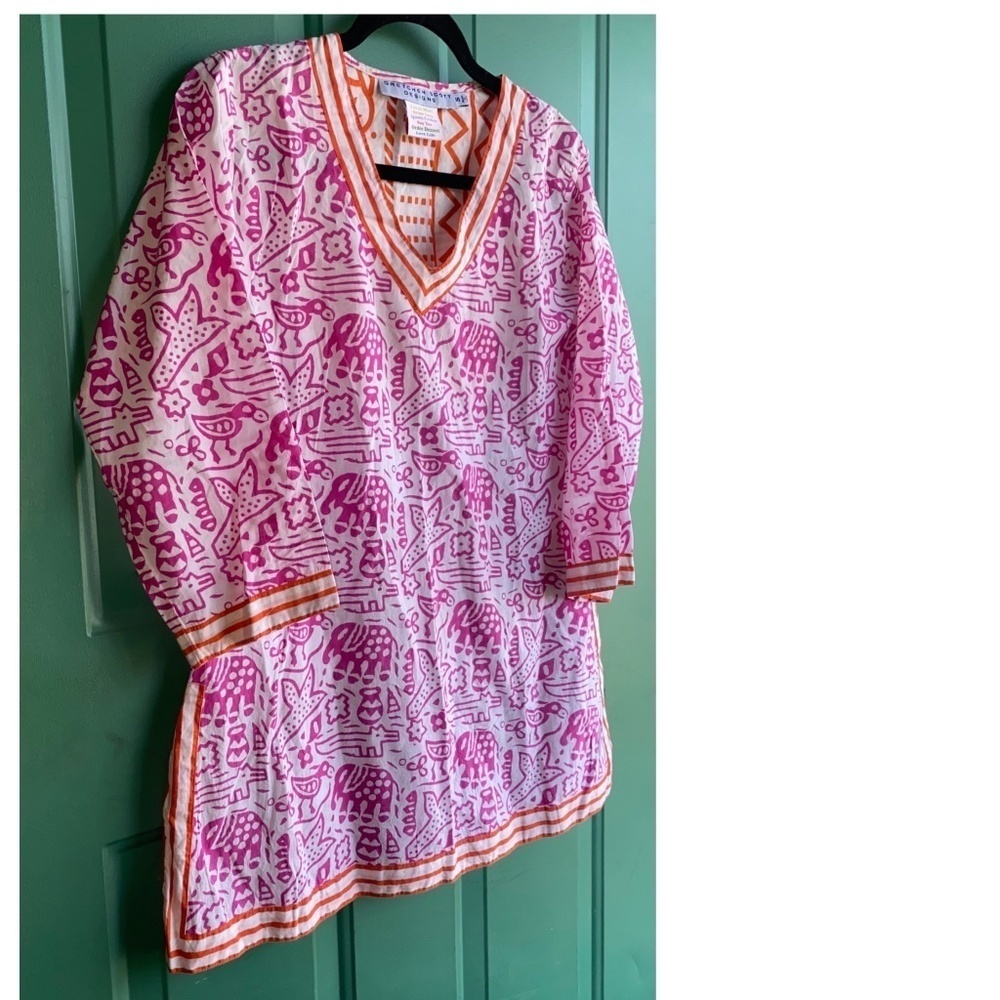 Gretchen Scott Designs Pink & White Printed V-Neck Tunic with Orange Trim